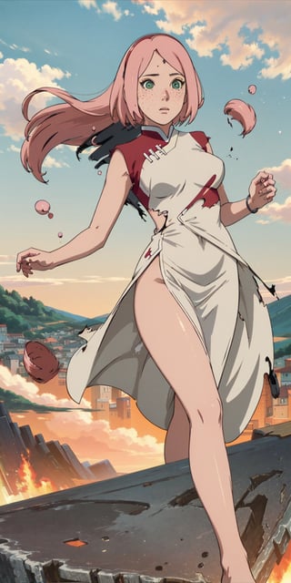 ((masterpiece)), (best quality), (cinematic), a woman in a long white dress, running through an open field, long black hair, bangs, chubby, wide hips, full body, green eyes, freckles on cheeks, wind, detailed face, detailed body, red and orange sky, glow, clouds, vegetation, green plains, floating bubbles, (cinematic, colorful), vast field, (extremely detailed), inspired by Studio Ghibli, EpicSky, cloud, sky, highly detailed, detailed face
,nobara kugisaki,torn clothes,haruno sakura