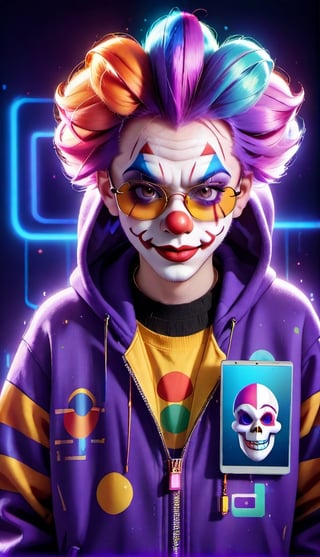 	1.	A clown with a mischievous grin wearing a hoodie and sunglasses, with binary code or skull symbols in the background to symbolize hacking.
	2.	A sinister-looking clown with a menacing smirk holding a laptop or hacking tool in one hand, with a backdrop of glitched, distorted pixels.
	3.	A clown with a devilish or evil expression, surrounded by flickering neon signs reminiscent of the dark web or the hacker underground.
	4.	Combine traditional clown elements like colorful hair and oversized shoes with subtle hacker symbols, like a hidden USB drive or a sinister code overlay.
	5.	Use a color palette that includes darker shades to convey a sense of malevolence, such as deep purples, blacks, and reds.