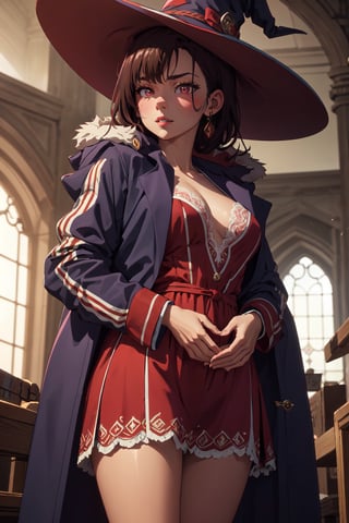 Witch hat, atmospheric scene,  masterpiece,  best quality,  (detailed face,  detail skin texture,  ultra-detailed body),  (cinematic light:1.1), (Full Boddy:1.2), barefoot, inside the great hall of a castle,  r0seb7rne-smf,  solo,  realistic,  Large witch hat, pink hat with brown details, hair, extremely long hair, braided hair, shiny skin, shiny lips, closed dress with lace, short dress, pink dress with brown details, flirtatious expression on the face, eyelashes, thick eyebrows, pink coat, large fur coat, ,shizukazom100