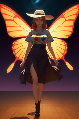 high quality, 8K Ultra HD, colorful tone, full body, stary night red black beautiful magical woman, magic hat, splash arts, aesthetic for Tshirt design, butterflies flying in the background, soft tetrad color, A digital illustration of anime style, digital anime paintings of her, soft anime tones, Feels like Japanese anime, two-dimensional, planar vector, character design, vector art, fantasy art, T-shirt design, Background with light brown gradient, soft tetrad color, Albert Anker, Feeling like Kyoto Animation, Greg Rutkowski, Artgerm, WLOP, Alphonse Beeple, pixiv, luminism, 3d render, octane render, Isometric, awesome full color, by yukisakura, highly detailed
