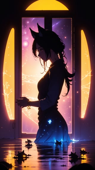 mythical doorway,1girl,(upper body:0.9),(gold eyes),inter-dimensional,witnessing greatness,mature female,spontaneous,deepness,(white ambience),creative,(silhouette:1.4),portrait,cosmic,(white dress),luxury,gold trim,effortless,wise,true,dark theme,darkness,righteousness,dark reflective water,ethereal,13,highest quality,best shadow,immaculate infrared,(ultra-violet),glass,(plants),bioluminescence,(planetary:0.8),light map,depth map,medium hair,floating hair,(particle dust),cinematic,(wolf ears),fluff,(maroon background:1.2),
