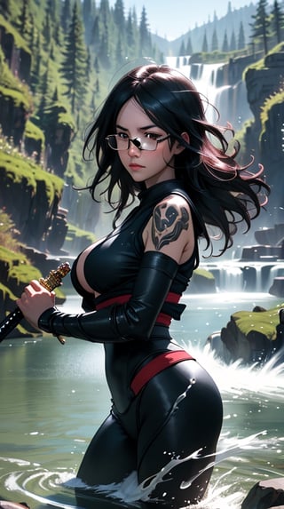 A detailed illustration of a ninja skillfully wielding a sword, surrounded by a serene landscape with a flowing river and waterfalls. The cinematic lighting and 3D render create a realistic and dynamic effect, while the ethereal background adds a touch of mystery to the artwork., big_boobs,  The ninja's expressionless face and sharp focus on the character emphasize her mastery of the art of war. tattoo, glasses.