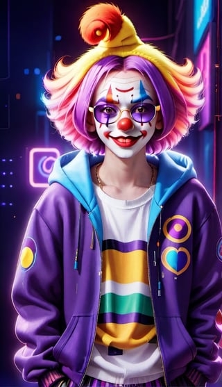 	1.	A clown with a mischievous grin wearing a hoodie and sunglasses, with binary code or skull symbols in the background to symbolize hacking.
	2.	A sinister-looking clown with a menacing smirk holding a laptop or hacking tool in one hand, with a backdrop of glitched, distorted pixels.
	3.	A clown with a devilish or evil expression, surrounded by flickering neon signs reminiscent of the dark web or the hacker underground.
	4.	Combine traditional clown elements like colorful hair and oversized shoes with subtle hacker symbols, like a hidden USB drive or a sinister code overlay.
	5.	Use a color palette that includes darker shades to convey a sense of malevolence, such as deep purples, blacks, and reds.