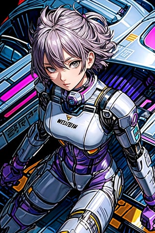 ultra detailed illustration, an adult woman with anime pilot plug suit, she has (grey eyes) and short purple hair, waist high shot, mecha pilot