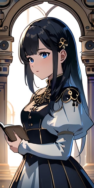 (masterpiece), realistic, (portrait of a girl), beautiful face, sunlight, cinematic light, bangs, a beautiful woman, beautiful eyes, black hair, perfect anatomy, very cute, princess eyes , (black eyes) , (frame the head), Centered image, stylized, bioluminescence, 8 life size,8k Resolution, white low-cut dress with small blue details, human hands, wonder full, elegant, approaching perfection, dynamic, highly detailed, character sheet, concept art, smooth, facing directly at the viewer positioned so that their body is symmetrical and balanced, stunningly beautiful teenage girl, detailed hairstyle,HZ Steampunk