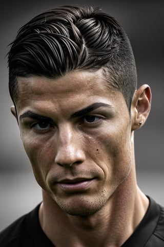 Cristiano Ronaldo's countenance is an exquisite work of artistry, a masterpiece sculpted by time, dedication, and an unwavering commitment to perfection. Every facet of his face is a testament to his journey, reflecting not only the physical attributes that define him but also the intangible qualities that have elevated him to legendary status.

His jawline, meticulously crafted by years of disciplined training, is a symphony of angles that project both strength and refinement. The sinewy contours speak of countless hours spent sculpting his physique, each line a tribute to his dedication to pushing the boundaries of his athletic prowess.

Within the expansive canvas of his face, his eyes stand as the most captivating feature. Like twin galaxies of hazel, they are both deep and alluring, drawing the observer into their magnetic pull. His gaze, an intensity that has defied opponents and surpassed challenges, is an embodiment of his relentless focus and unyielding will.

Framing those mesmerizing eyes, his brows are a study in nuanced expression. They furrow with concentration during pivotal moments, arch with delight after a hard-earned victory, and remain unwavering during the storm of competition. The careful grooming and meticulous shaping of his brows add an extra layer of dimension to his ever-changing expressions.

Ronaldo's forehead, unmarred by the passage of time, is an expanse of pristine skin that speaks of his unwavering commitment to his craft. It's a canvas that bears no trace of wear, a testament to the rigorous self-care and meticulous attention he dedicates to maintaining his peak physical form.

A well-tended beard graces his lower face, adding an element of rugged sophistication. Each strand, meticulously maintained, adds a sense of maturity and character that complements his athletic grace. The beard's symmetry and precision echo his approach to the game, where every move is calculated and purposeful.

His nose, a perfectly proportioned centerpiece, bridges the gap between his features with a harmonious balance. It has borne witness to the scent of freshly cut grass on the pitch, the electric atmosphere of the stadium, and the sweet aroma of victory. Its unassuming presence belies its significance as a symbol of his endurance and resilience.

Ronaldo's lips, a canvas of emotive expression, are a testament to the myriad feelings that course through him. Whether they part in a triumphant roar or curl into a contemplative smile, they serve as a conduit for his emotions, connecting his inner world with the outer realm of competition.

Underneath the surface, the subtle topography of his facial muscles hints at the dynamism that defines his athleticism. The contours shift with the flexing of his muscles, a tangible reminder of the explosive power that is unleashed with every sprint, jump, and strike.

Dappled light and deep shadows dance across Cristiano Ronaldo's face, adding depth and dimension to the myriad details that compose his identity. This portrait captures not only his physical attributes but the essence of his journey – a chronicle of discipline, passion, and the pursuit of greatness that has indelibly etched his name in the annals of football history.