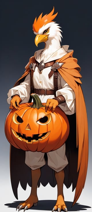 Aarakocra, Wearing a halloween Costume, colors are orange brown and white calico, holding a pumpkin,masterpiece, best quality