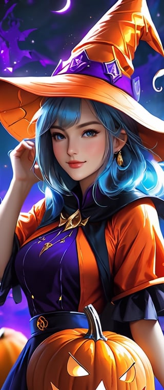 masterpiece, best quality, highres, a beautiful woman, slight smile, wearing halloween costume with a wizard hat,in the halloween party , dnd style, 10 halloween pumpkins,anime_screencap,beautymix,vaporwave style