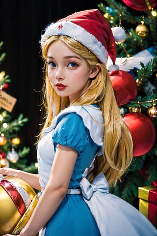 1girl, Xmas,ornaments ,Xmas tree ,santa hat,santa costumes, serving a thanksgiving dinner,Alice,
((Angelic AliceWonderlandWaifu )),
long flowing golden hair,front shot

detailed eyes,,side rabbit,side owl,
((masterpiece)),,Realism,Epic,
looking at viewer,