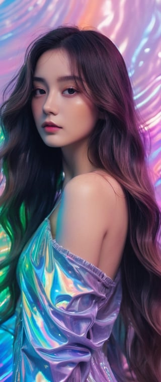1girl, solo,long wavy hair,flowing rainbow colored holographic background,portrait, holographic, iridescent, vaporwave, fluid,niji style,realistic