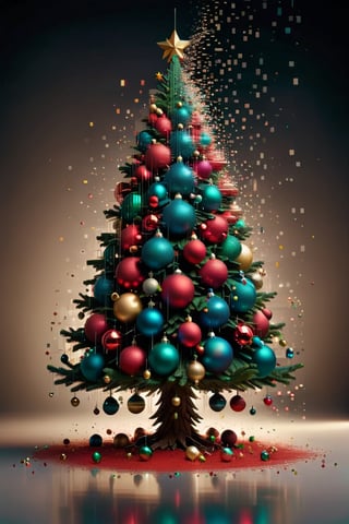 a photo of a Xmas tree with falling ornaments dissolving into pixels, cinematic, volumetric dramatic lighting, intricate, 
