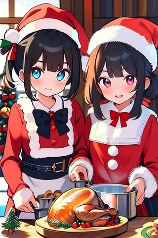 two cute girls cooking, Xmas,ornaments ,Xmas tree ,santa hat,santa costumes, Thanksgiving turkey ,cuteloli, masterpiece, ultra detailed, hyper high quarity, 
beautiful eyes, fine face, smile, 