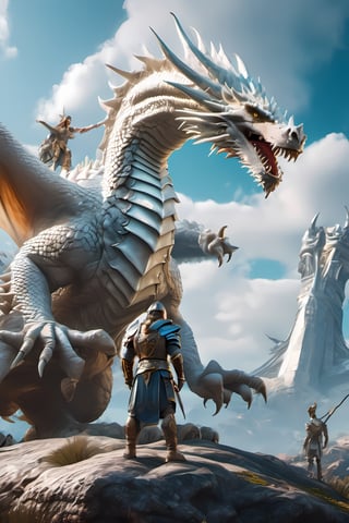 realistic style warrior prince with a friendly giant white dragon heaven, digital art, 8k, future, Cinematic, Photography, Ultra - Wide Angle, Depth of Field, hyper - detailed, insane details, intricate details, beautifully color graded, Unreal Engine 5, Cinematic, Photoshoot, Shot on 25mm lens
