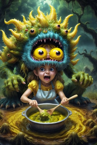 photo realistic:1.2, 1girl,1monster, ((girl ))is cooking on ground,detailed cute swamp monster element made of liquid ,they are surprised ,
,Monster,jungle background,,((outdoors, amazing scenery)), (highly detailed:1.2), (ultra realism:1.2)