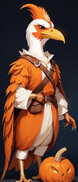 Aarakocra, Wearing a halloween Costume, colors are orange brown and white calico, holding a pumpkin,masterpiece, best quality