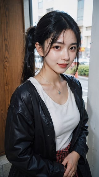 Beautiful and delicate light, (beautiful and delicate eyes), pale wet skin, big smile, (brown eyes), (wet black long hair), dreamy, medium chest, woman 1, (front shot),wet Korean girl, wet wool sweater, wet heavy overcoat jacket, wet bangs, soft expression, height 170,wet elegant, big smile, 8k art photo, realistic concept art, realistic, portrait, necklace, small earrings, handbag, fantasy, jewelry, pigtail,wet longskirt, longskirt, various wet tops, (red), horizontal stripes pattern, wet jacket , t-shirt, half body shot, shibari,soakingwetclothes