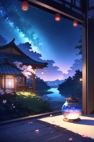 detailed background,(Calm spring night landscape), glowing cherry blossoms, petals, beautiful view, night, milky way galaxy, midnight, fish bowl, dappled moonlight, outdoor seating, lantern, depth of field, masterpiece, best quality, ultra-detailed, very aesthetic, illustration, perfect composition, intricate details, absurdres, moody lighting, wisps of light, no humans,