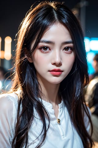 Close-up, Masterpiece, Best Quality, Raw Photo, Photorealistic, Smile, Beautiful Girl, Cute Little, Long Hair, Cyberpunk White Ao Dai, Cyberpunk Costume, Blade Runner City, Depth of Field, High Resolution, Super Detail , detailed, highly detailed eyes face, sharp pupils, realistic pupils, beautiful eyes, cinematic lighting, high nose bridge