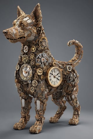 A dog made of intricate clock-gear system, high_res, grey background, shadow:0.5