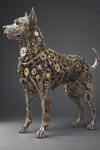 A dog made of intricate clock-gear system, high_res, grey background, shadow:0.5