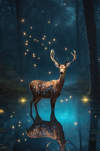 Hyper-realistic style of Jean-Baptise Mongue, a BioLuminiscent deer in the midle, clear waterhole, reflection, micro fireflies, dark night, forest juggle, very low light, whimsical,  fantasical, etheral, beauty, dreamy, high_res