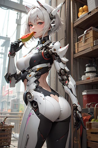 Barehead Cyborg girl, short hair, mechanical body, white matte porcelain metal armor, sexy ass shape, sexy breast shape, eating fruits, masterpiece, best quality,Mechanical_tentacles