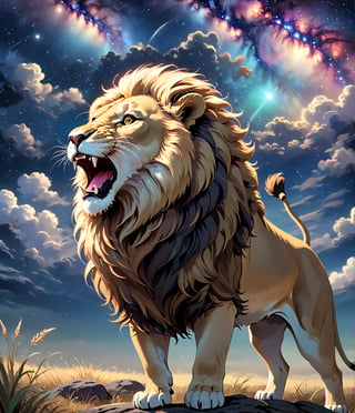 Masterpiece, 4K, ultra detailed,1 majestic lion in safari roaring, epic night sky, more detail XL, SFW, depth of field, art nouveau style, ,dal-1