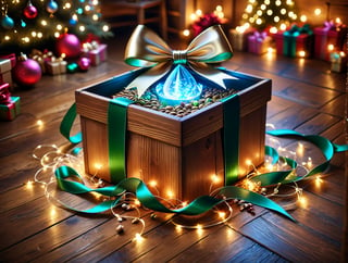 1 Glowing magical seed on a small wooden box, ribbon and bows on the floor, dynamic angle, depth of field, detail XL, Apoloniasxmasbox, realistic