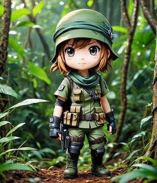 Masterpiece, 4K, ultra detailed, chibi anime style, 1 super female solider with bandana in the jungle, windy, more detail XL, SFW, depth of field, full body shot, 