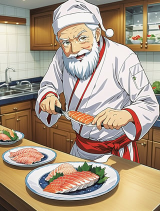 ((anime)), Santa Claus cutting sashimi in a professional kitchen, thinly slice of fish placed on a beautiful plate, dynamic angle, more detail XL, SFW, solo, 