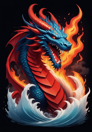 Stylized clouds, dragon, eastern dragon, fangs, 3D, fire, flame, horns, no humans, open mouth, red eyes, sharp teeth, extremely fine details, simple background, solo, teeth, water, waves ,Leonardo Style