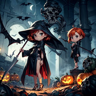Photorealistic chibi art style, big detailed eyes, highly detailed, artistic, a sexy girl grim reaper wearing a cloak with high heels holding a scythe, following an old woman, misty, volumetric lighting, surrounding with skulls and pumpkins, windy, depth of field, dynamic angle, bats flying in the background, 2 girls, ,chibi,black_eyes