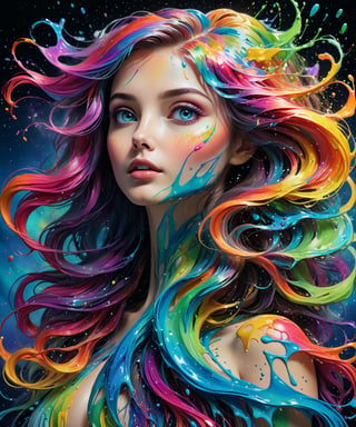 Masterpiece, 4K, ultra detailed,  ((solo)), PhotoRealistic, colorful splash art, liquid luminous busty lady made of colors, long flowy hair, epic aurora borealis, SFW, head and shoulders portrait, depth of field, more detail XL, Ink art