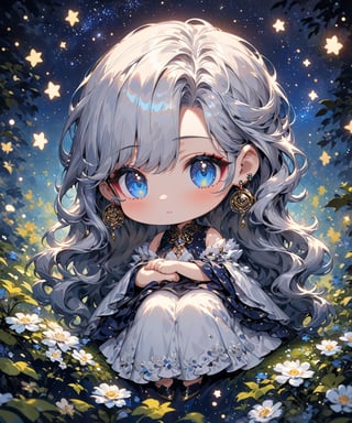 Masterpiece, 4K, ultra detailed, ((solo)), ((chibi)), anime impressionism art style, elegant mature woman with beautiful detailed eyes and glamorous makeup, long flowy gray hair, finely detailed earrings, hands resting on laps, sitting in a flowering forest,  swirling starry night, more detail XL, SFW, depth of field,