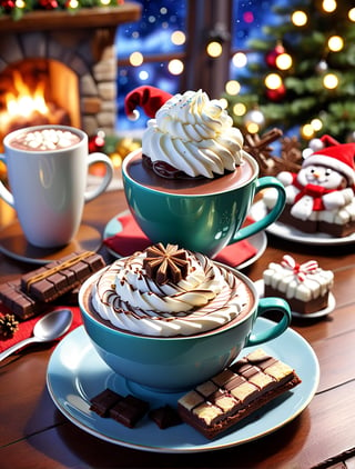 ((anime)), delicious dessert and a cup of hot chocolate, Christmas setting, dynamic angle, depth of field, detail XL,