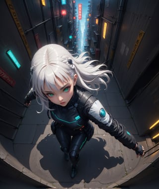Solo, futuristic anime style, sexy white hair female fighter wearing tactical jacket, big detailed green eyes, fighting action poses, in back alley with neon signs, highly detailed, (full body portrait), dynamic angle, more detail XL, wide angle lens, closeup from above, Mechanical part,<lora:659095807385103906:1.0>