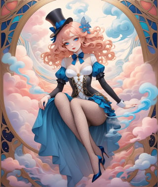 (Art Nouveau style), masterpiece, beautiful long peach hair woman wearing magician assistant outfit with a small top hat, fishnet pantyhose and Stilettos high heels, large detailed blue eyes, more detail XL, ((SFW)), swirling color smoke,