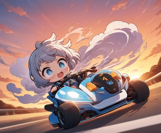 Masterpiece, chibi anime style, 4K, ultra detailed, ((solo)), full body, young girl with big detailed eyes, riding go kart in highway, sunset, swirlling smoke, high speed motion, more detail XL, SFW,dal
