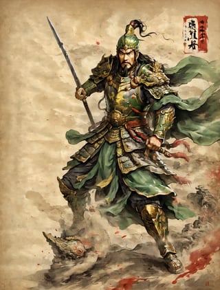 ((anime)), Chinese military general Guan Yu, holding a Lance in his right hand, attack pose,  bloody battlefield background,on parchment
