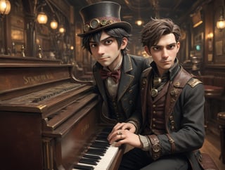 ((Anime)), sing me a song piano man, fingers on the piano keys, in a empty bar, more detail XL, SFW,steampunk style, closeup shot,