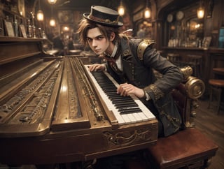 ((Anime)), sing me a song piano man, fingers on the piano keys, in a empty bar, more detail XL, SFW,steampunk style, closeup shot,