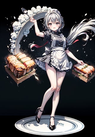 A beautiful chibi woman chef wearing a white and silver dress with high heels, presenting her first well roasted huge turkey on a plate, both hands holding the plate with huge turkey on top, intricated pose, big beautiul eyes, photorealistic, 4K, cool tone colors, full body portrait, holidays setting,