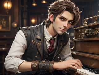 ((Anime)), sing me a song piano man, fingers on the piano keys, in a empty bar, more detail XL, SFW,steampunk style, closeup shot,