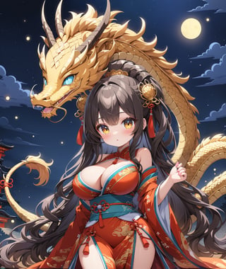 Chibi anime style, 4K, ultra detailed, 1 cute girl with long hair wearing a traditional Asian dress, large breasts and detail eyes looking at viewers, Golden dragon in the background, more detail XL, SFW,  nighttime, moonlight, 