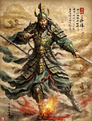 ((anime)), Chinese military general Guan Yu, holding a Lance in his right hand, attack pose,  bloody battlefield background,on parchment