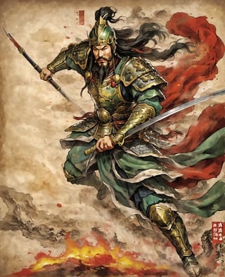 ((anime)), Chinese military general Guan Yu, holding a Lance in his right hand, attack pose,  bloody battlefield background,on parchment, from above