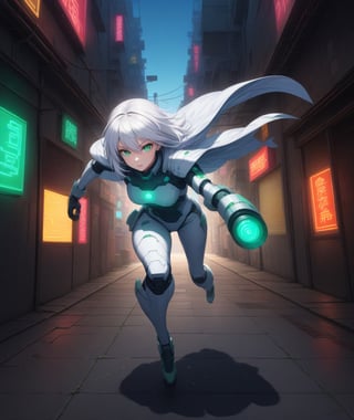 Solo, futuristic anime style, sexy white hair female fighter wearing long cape, big detailed green eyes, running action poses, in back alley with bright neon signs, highly detailed, (full body portrait), dynamic angle, more detail XL, wide angle lens, Mechanical part,<lora:659095807385103906:1.0>