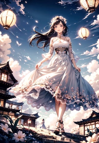 1 girl standing in a garden on a mountain, flowy long dress, lace, ornate details, big detailed eyes looking at viewers, hair ornament, floral arrangement, lanterns, 4k, windy, photorealistic, depth of field, highly detailed, full body portrait, LaceAI