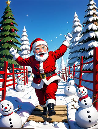 ((anime)), Santa Claus training in obstacle course, Captain snowmen cheering, dynamic angle, SFW, 