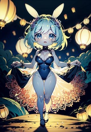 1 girl dancing in a garden on a mountain, flowy long dress, lace, ornate details, big detailed eyes looking at viewers, white teeth, playboy bunny ears, large breasts, hair ornament, floral arrangement, lanterns, reflections, 4k, windy, photorealistic, depth of field, highly detailed, full body portrait, LaceAI, Detailedface, Detailedeyes, chibi